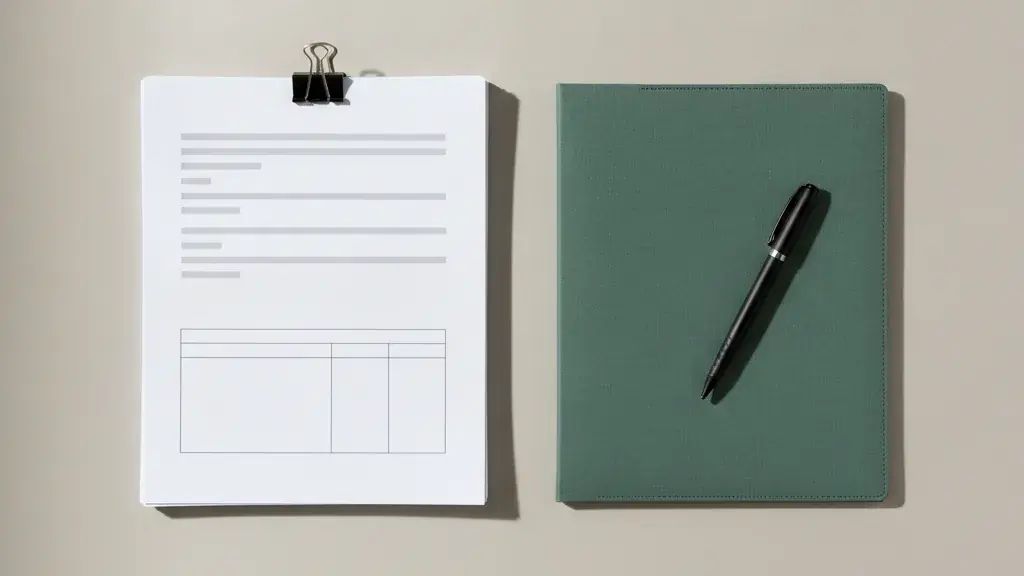 Ein geklammerter Stapel Antragsunterlagen neben einer grünen Dokumentenmappe mit Stift