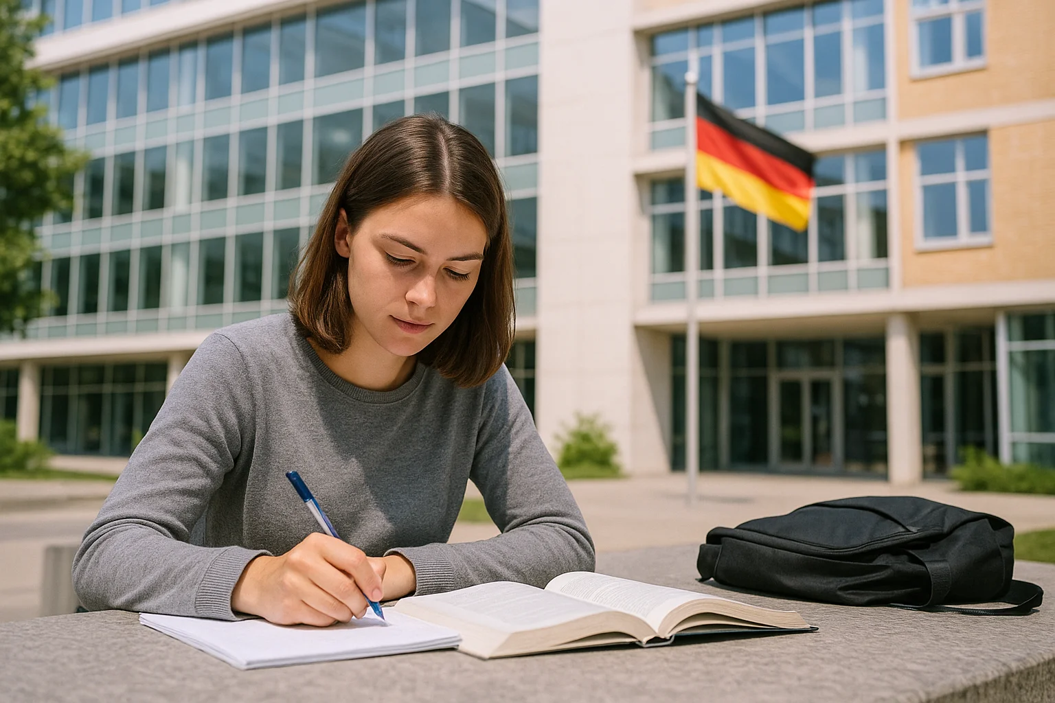 Studierende in moderner Campus-Umgebung