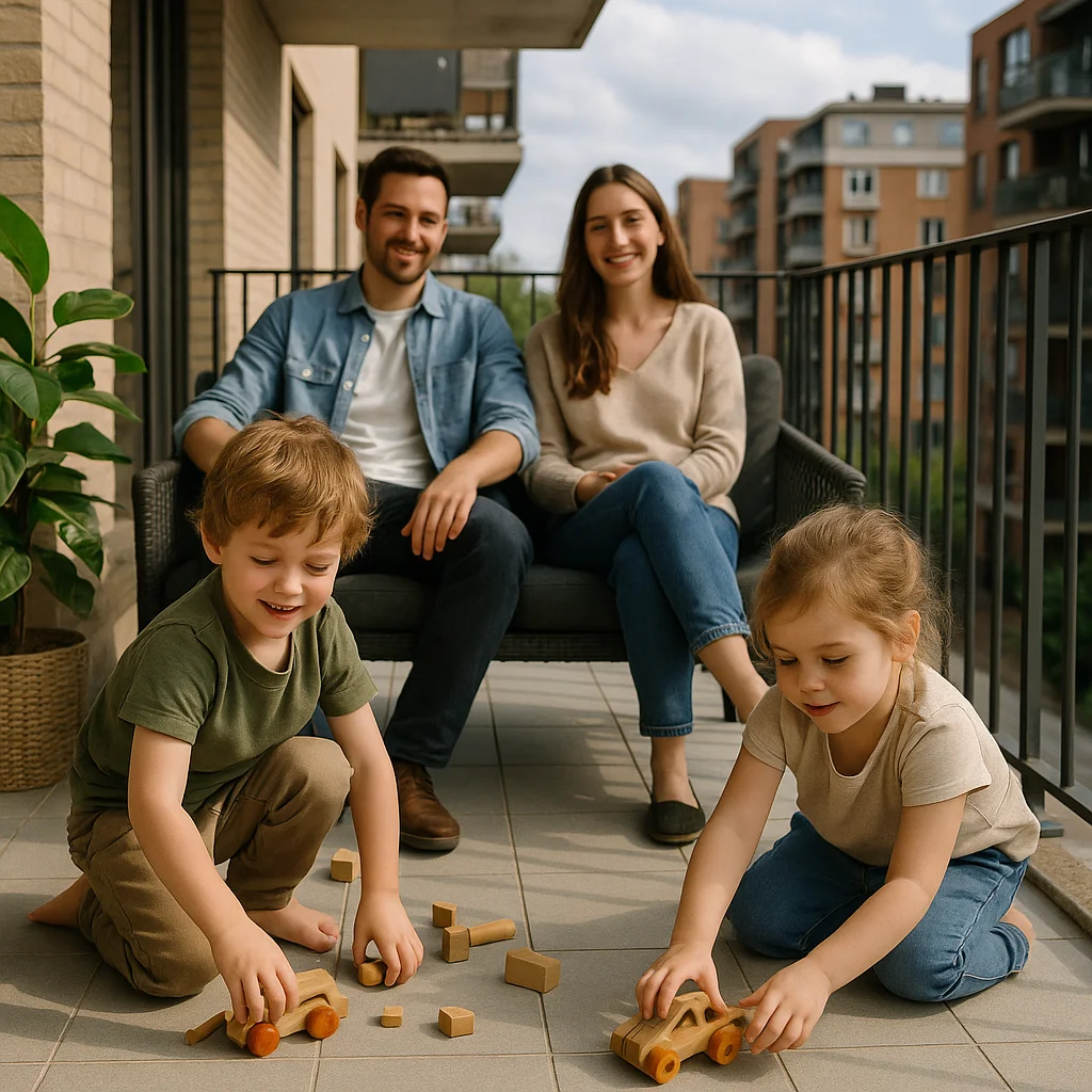 Familie auf Balkon einer Genossenschaftswohnung